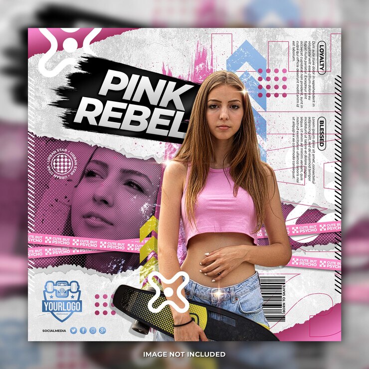 PSD plantilla de publicación de redes sociales de volante de chica joven en patineta sobre fondo rosa