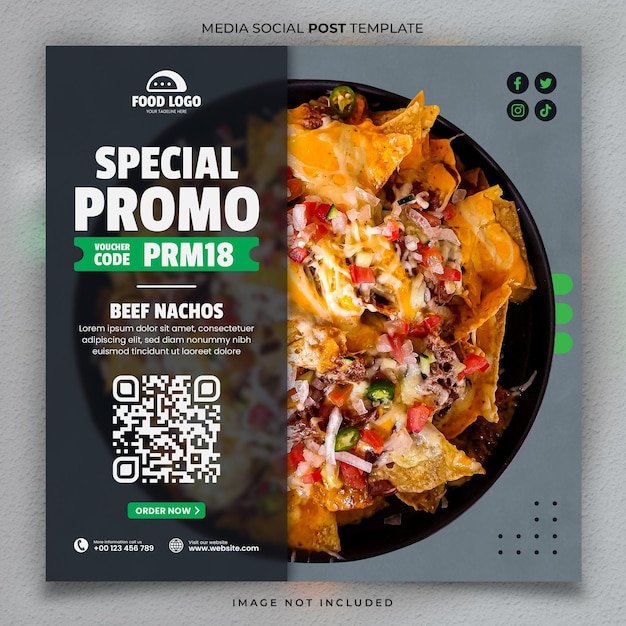PSD plantilla de publicación social de anuncio de menú de comida mexicana de promoción especial con código de cupón