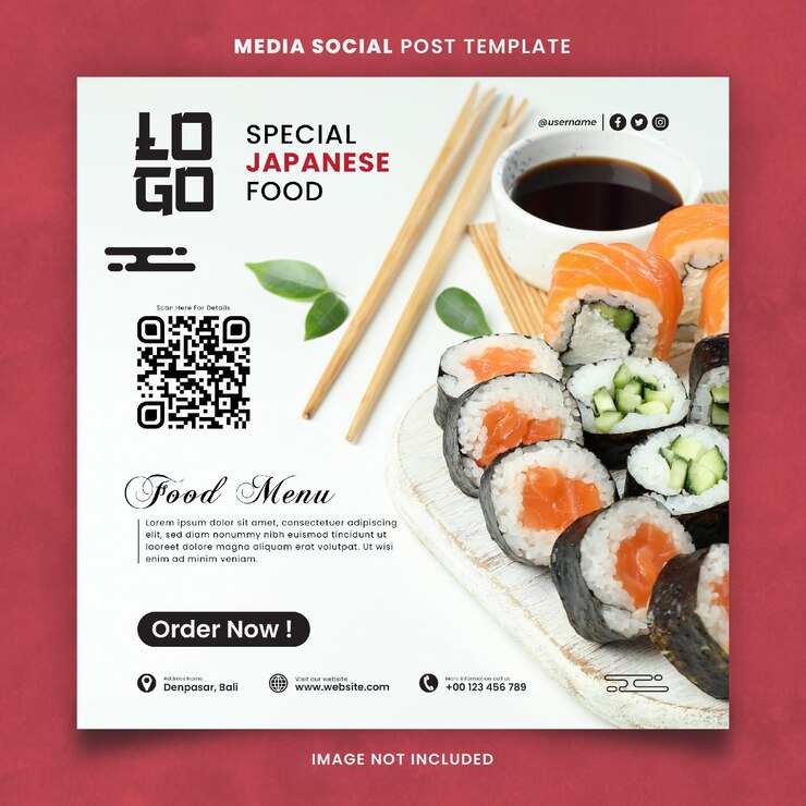 PSD plantilla de publicación social de medios de comunicación de menú de restaurante y comida japonesa especial