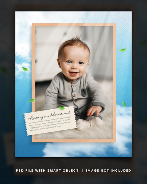 Plantilla de publicación social de medios maqueta de marco de fotos de bebé lindo con fondo de nubes de cielo azul