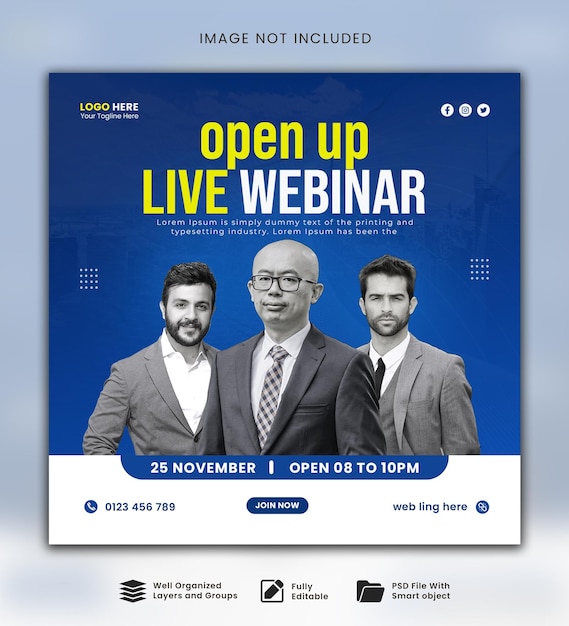 plantilla de publicación de webinar en vivo o de redes sociales para la agencia de marketing digital y negocios corporativos