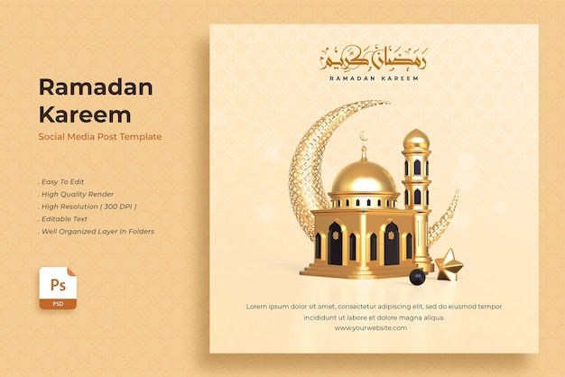 Plantilla realista de publicación en redes sociales de ramadan kareem en 3d