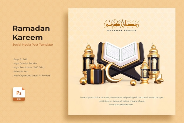 Plantilla realista de publicación en redes sociales de Ramadan Kareem en 3d