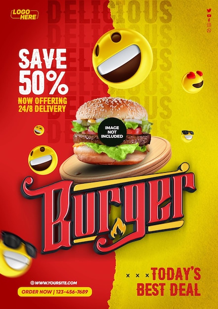 Plantilla de redes sociales A4 Delicious Burgers Mejor oferta hoy con 50 de descuento