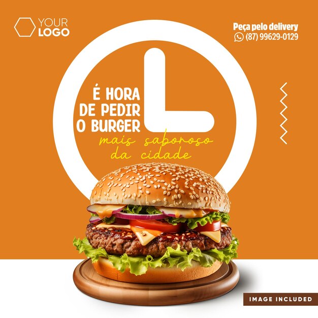 La plantilla de redes sociales alimenta el restaurante de hamburguesas es hora de pedir la hamburguesa
