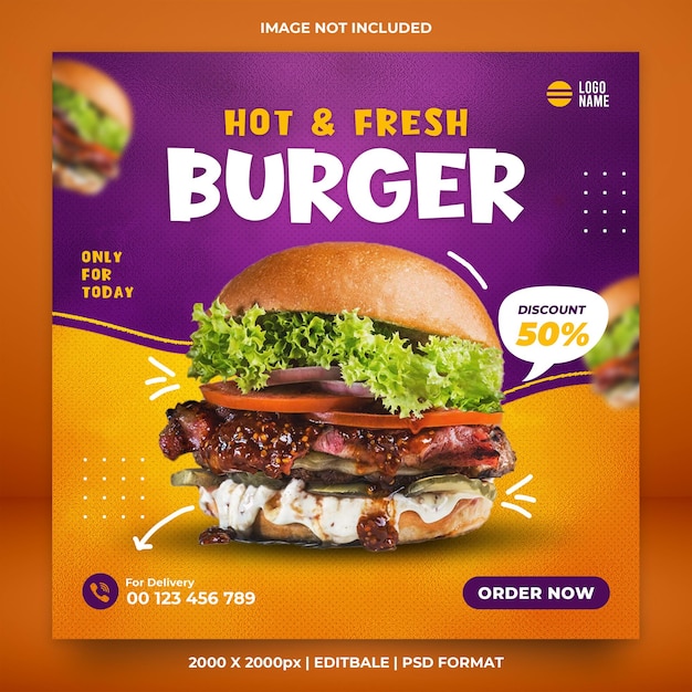 Plantilla de redes sociales de banner de menú de hamburguesas calientes y frescas