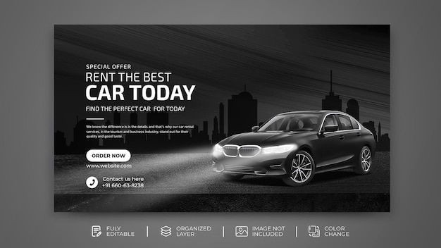 Plantilla de redes sociales de banner web de promoción de venta de alquiler de automóviles en plantilla de fondo moderno