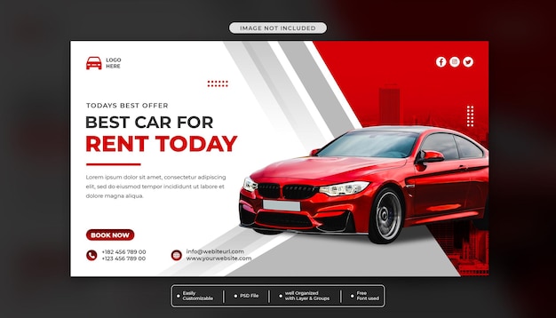 Plantilla de redes sociales de banner web de promoción de venta de alquiler de automóviles