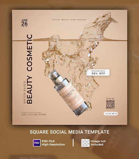 Plantilla de redes sociales de cosméticos con salpicaduras de agua