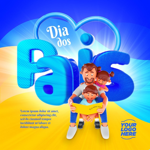 PSD plantilla de redes sociales de elemento 3d del día del padre para la lectura de padres a la composición de los niños