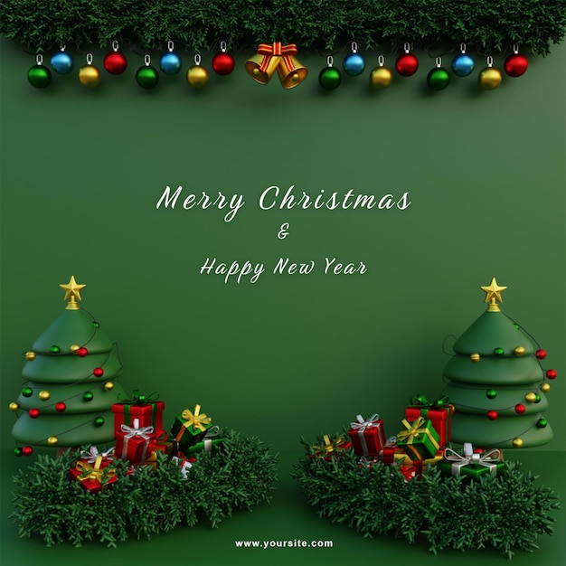Plantilla de redes sociales feliz navidad corona fondo verde árboles de navidad y regalos
