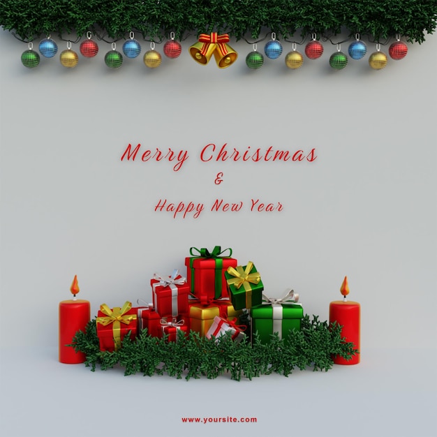 PSD plantilla de redes sociales, jaula de corona de feliz navidad y vela c roja y regalos