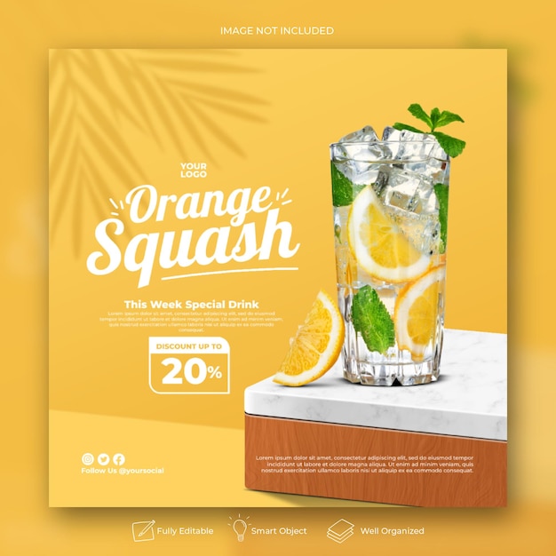 PSD plantilla de redes sociales para menú de comida de jugo de naranja