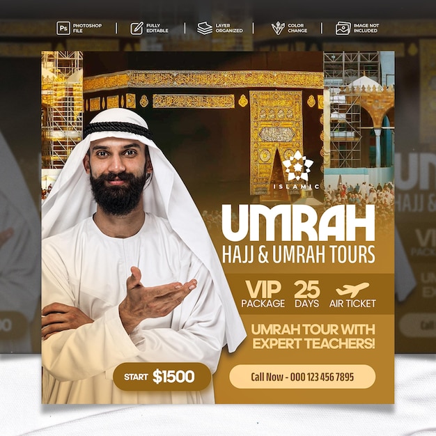 Plantilla de redes sociales para el paquete de viajes de Hajj y Umrah