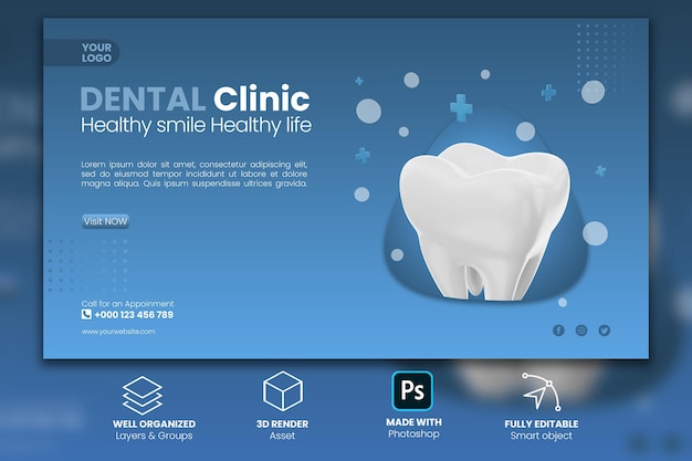 Plantilla de render 3d de banner de promoción de clínica dental