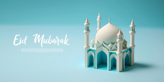 Plantilla de saludos de eid mubarak 3d mezquita linda fondo azul transparente ai generativo