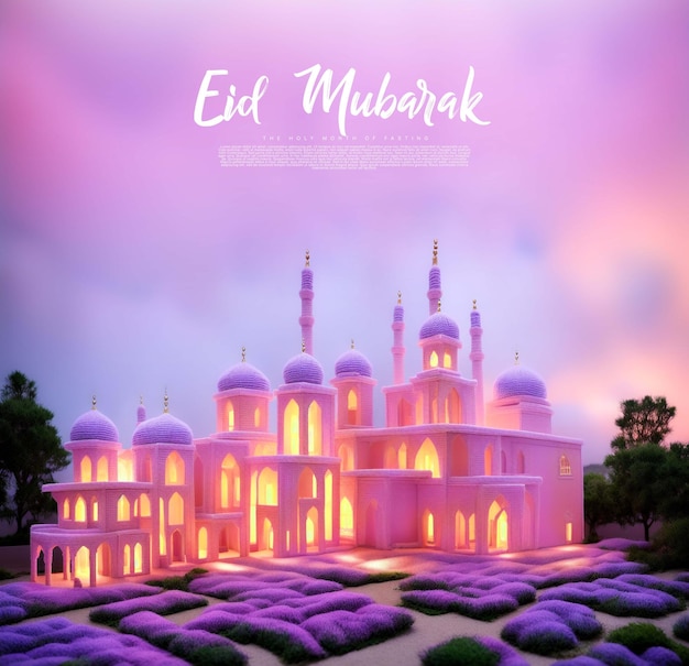 Plantilla de saludos de eid mubarak con un fondo de mezquita azul cielo generativo ai