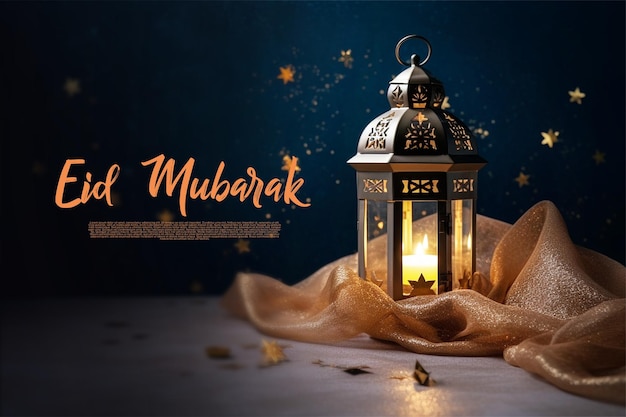 Plantilla de saludos de eid mubarak linterna islámica mágica fondo de madera ai generativo