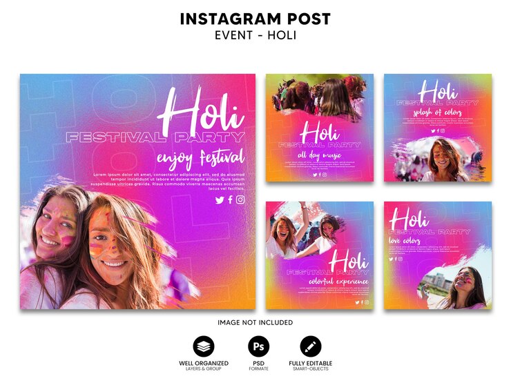 plantilla de serie de publicaciones en redes sociales de la fiesta del festival holi