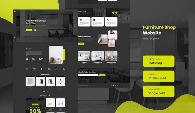 PSD plantilla de sitio web de comercio electrónico de tienda online de muebles e interiores en modo oscuro