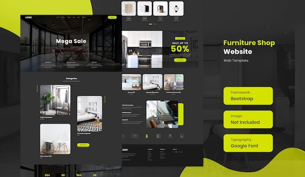 PSD plantilla de sitio web de comercio electrónico de tienda online de muebles e interiores en modo oscuro