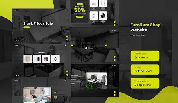 Plantilla de sitio web de comercio electrónico de tienda online de muebles e interiores en modo oscuro