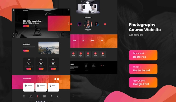 PSD plantilla de sitio web de página de destino de curso en línea de fotografía en modo oscuro