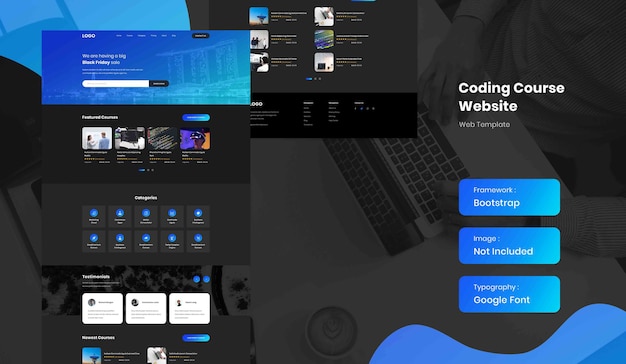 PSD plantilla de sitio web de página de destino de curso en línea de software y codificación en modo oscuro