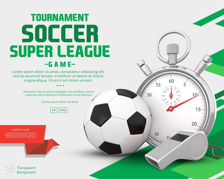 Plantilla de la Super Liga de Fútbol con representación en 3D de la pelota de fútbol, silbato de plata y cronómetro