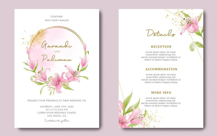 PSD plantilla de tarjeta de boda y tarjeta de detalles con flor de lirio rosa acuarela