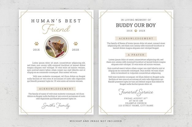 Plantilla de tarjeta conmemorativa de mascotas en PSD Pets Funeral