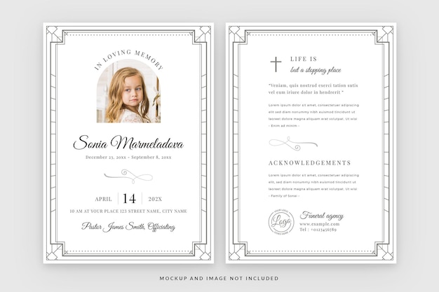 Plantilla de tarjeta conmemorativa del programa funerario en PSD