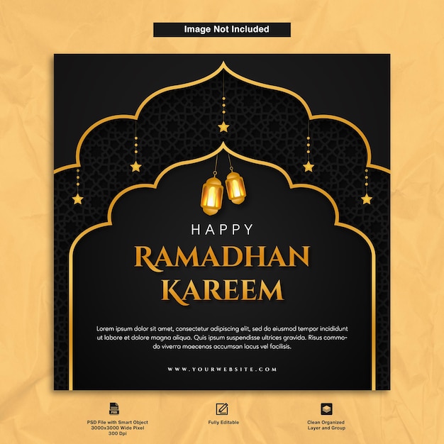 PSD plantilla de tarjeta de felicitación de diseño minimalista de fondo negro feliz ramadhan kareem