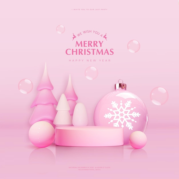 Plantilla de tarjeta de felicitación de feliz navidad y próspero año nuevo con adornos 3d