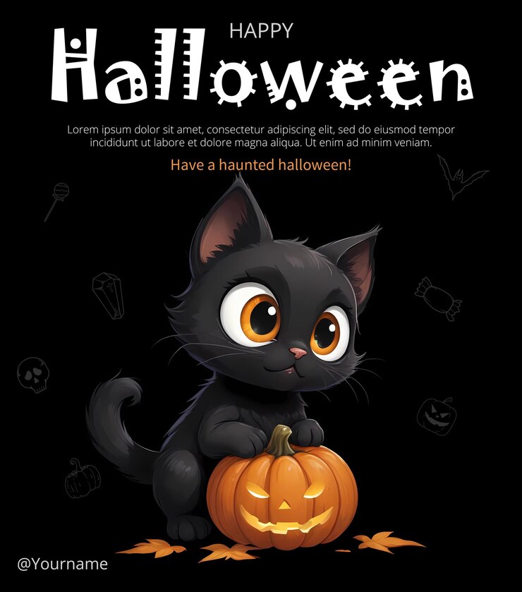 PSD plantilla de tarjeta de felicitación de halloween con gato negro y calabaza de halloween