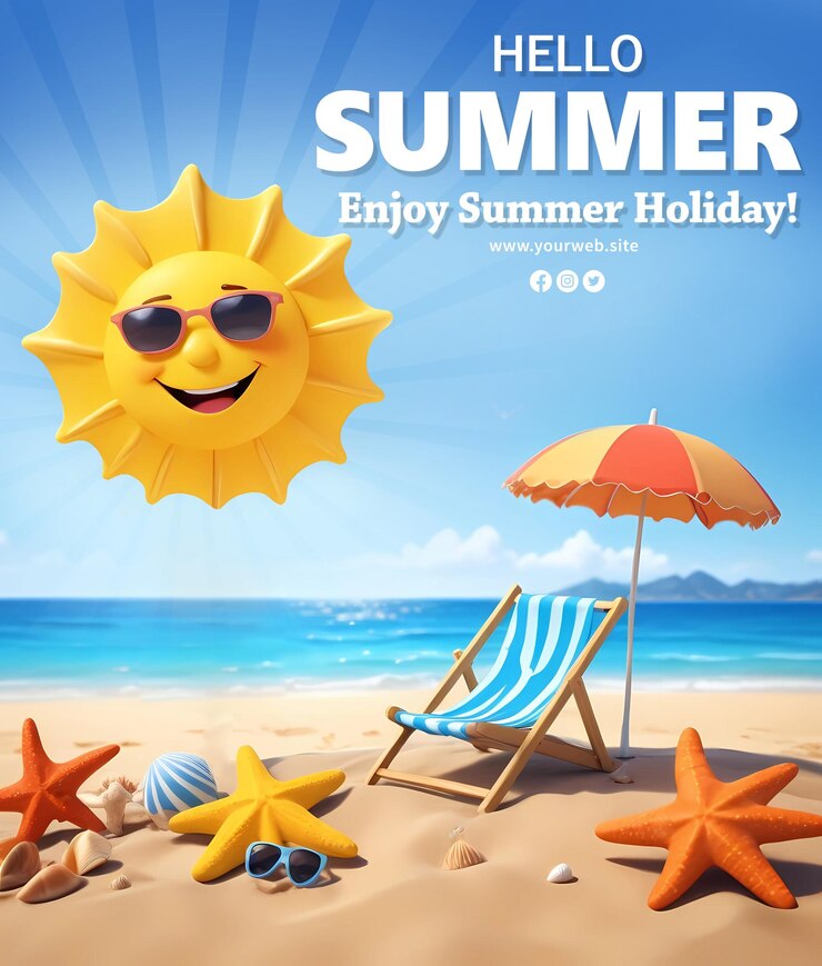 plantilla de tarjeta de felicitación de verano con silla de playa sombrilla de playa y fondo de playa de mar