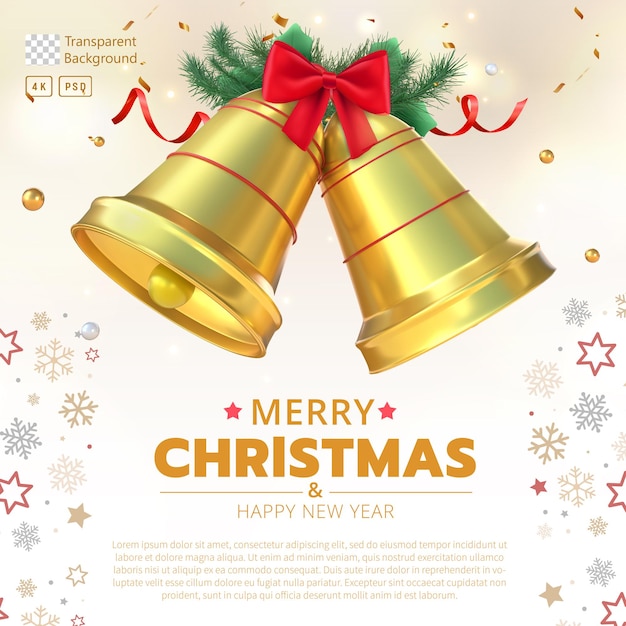 plantilla de tarjeta de Feliz Navidad con 3D Rendering Navidad campanas de oro