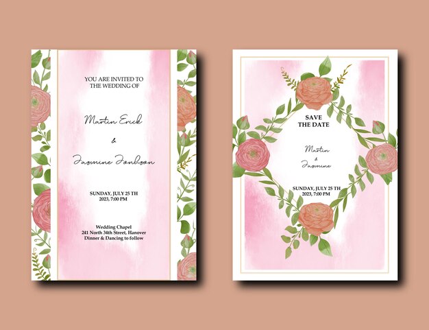 PSD plantilla de tarjeta de invitación de boda en acuarela con decoración de flores y hojas de peonía