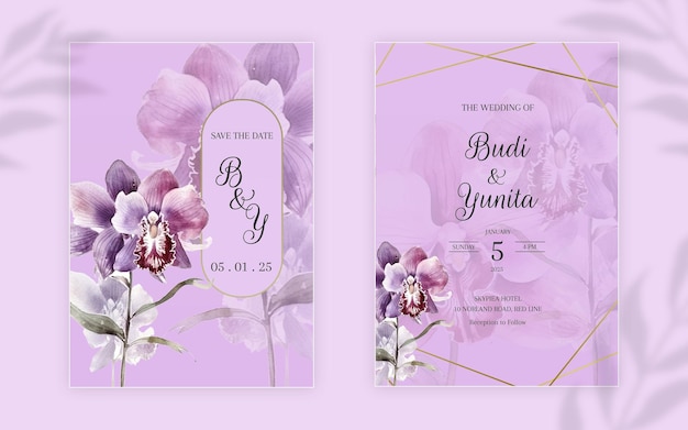 Plantilla de tarjeta de invitación de boda en acuarela con hermosas flores de orquídeas