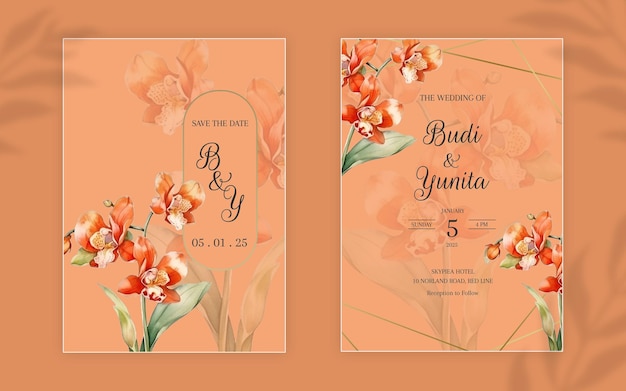 Plantilla de tarjeta de invitación de boda en acuarela con hermosas flores de orquídeas