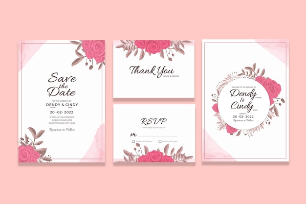 Plantilla de tarjeta de invitación de boda con adornos florales de acuarela