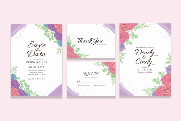 Plantilla de tarjeta de invitación de boda con adornos florales de acuarela