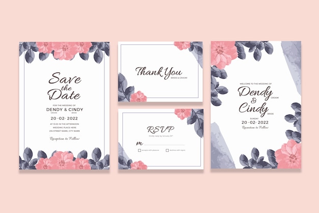 Plantilla de tarjeta de invitación de boda con adornos florales de acuarela