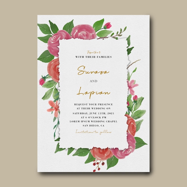 Plantilla de tarjeta de invitación de boda con adornos florales de acuarela