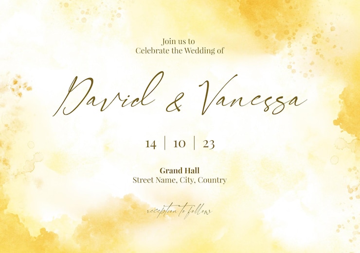 PSD plantilla de tarjeta de invitación de boda amarilla acuarela editable
