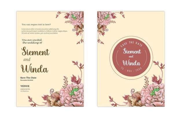 Plantilla de tarjeta de invitación de boda con corona de ramo de rosas blancas dejar acuarela psd