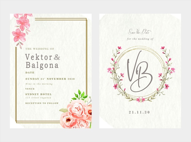 plantilla de tarjeta de invitación de boda con corona de ramo de rosas blancas dejar pintura de acuarela psd