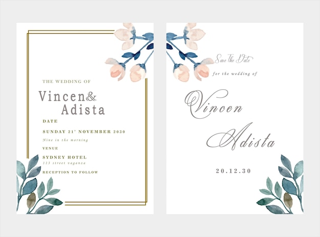 plantilla de tarjeta de invitación de boda con corona de ramo de rosas blancas dejar pintura de acuarela psd