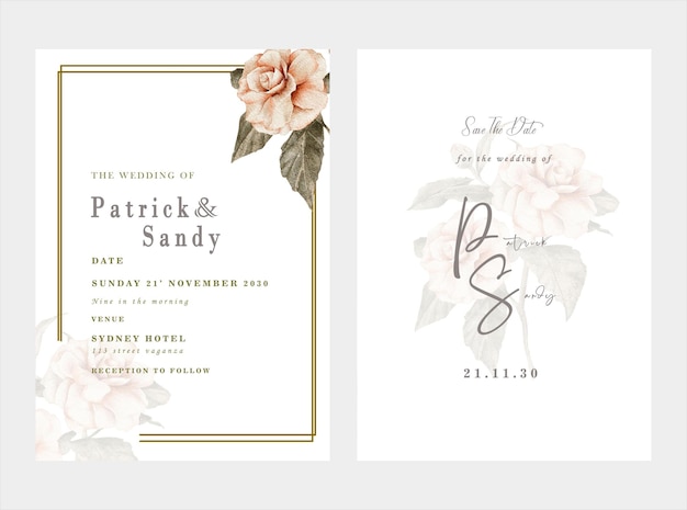 PSD plantilla de tarjeta de invitación de boda con corona de ramo de rosas blancas dejar pintura de acuarela psd