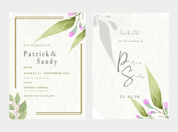 PSD plantilla de tarjeta de invitación de boda con corona de ramo de rosas blancas dejar pintura de acuarela psd